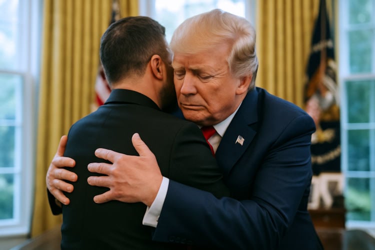 Gezamenlijke persconferentie Trump en Zelensky eindigt in knuffel van 47 minuten