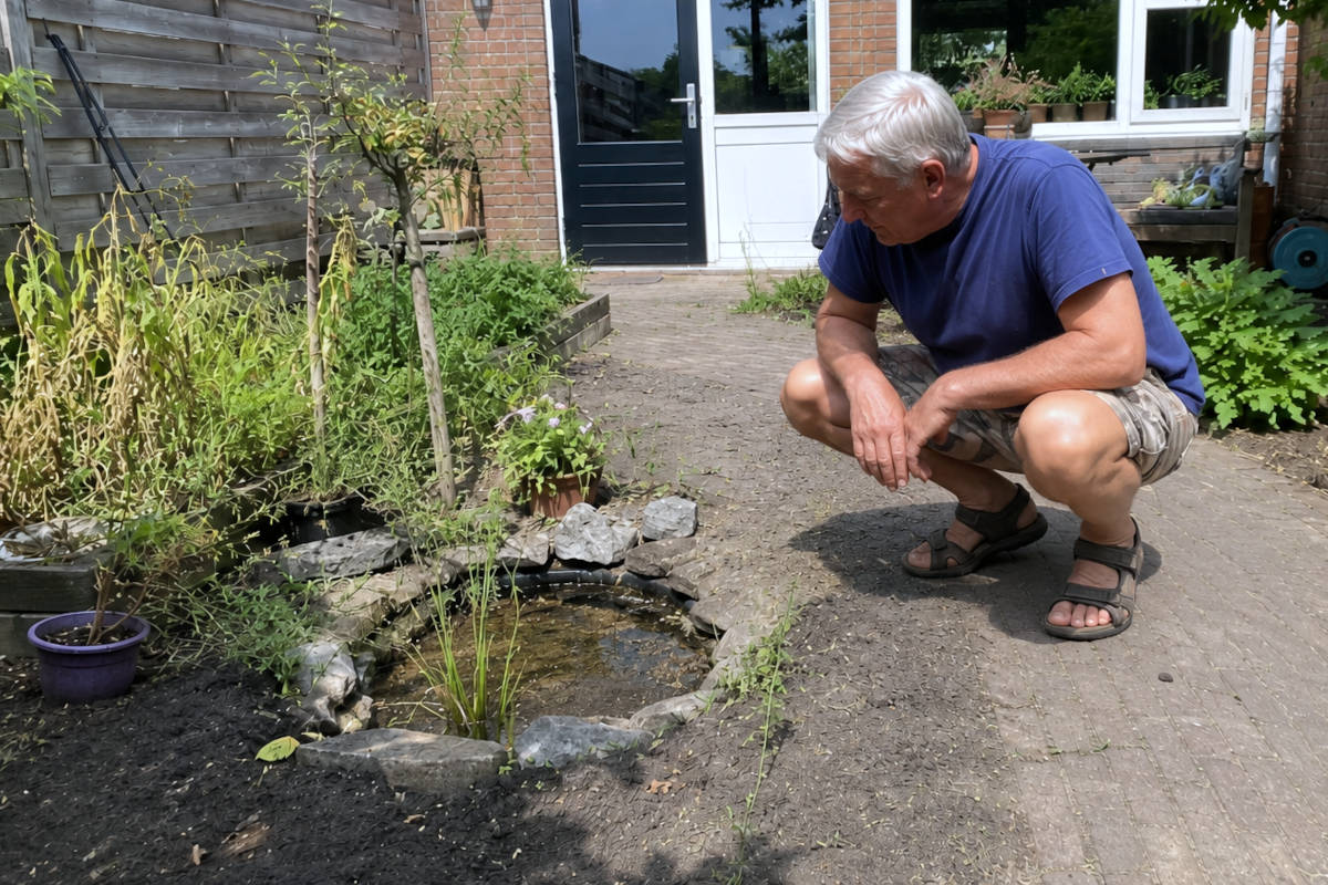 Waterpeil Utrechtse tuinvijver extreem laag: “Ik vind het vooral zielig voor de vissen”